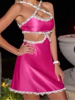 PatBO Hot Pink Satin Mini Dress with Pearl Trim
